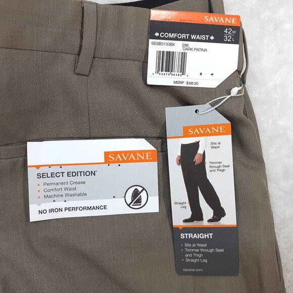 Savane Dress Pants Mens 42x32 Brown Select Edition Pleated Comfort Waist NWT - Picture 2 of 13